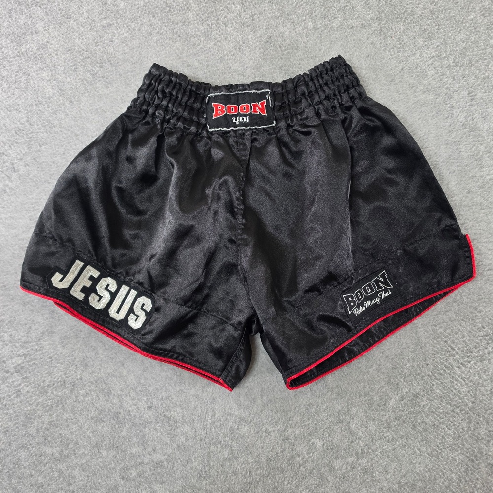 Boon Retro Muay Thai Shorts Black Satin Jesus Patch Mens Medium Made in Thailand